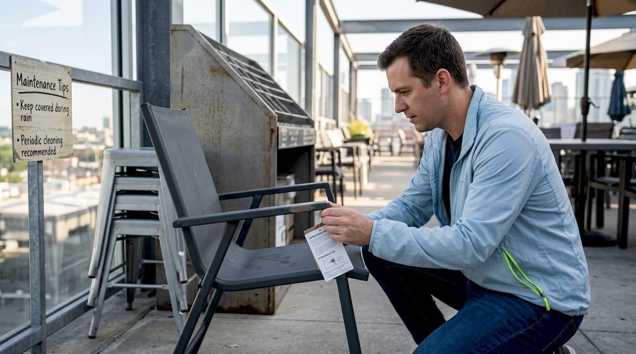 Person checking UV resistance on outdoor chair