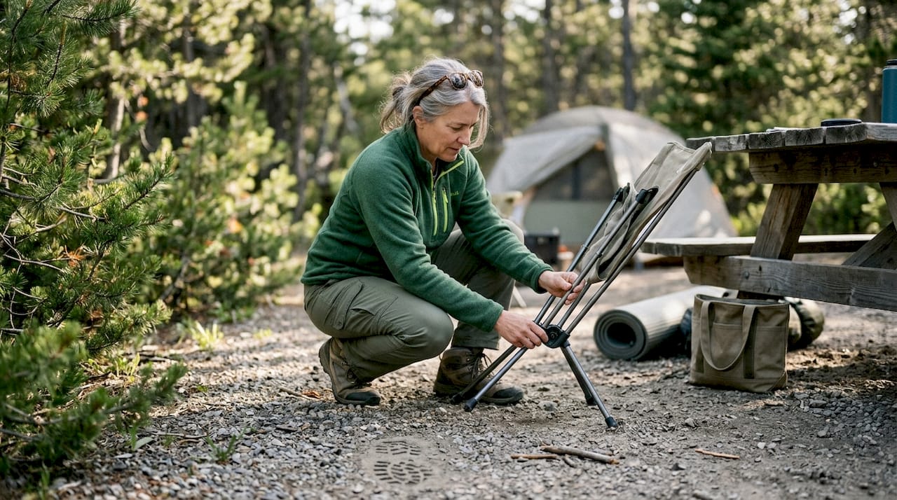 Woman adjusting portable chair on campsite gravel