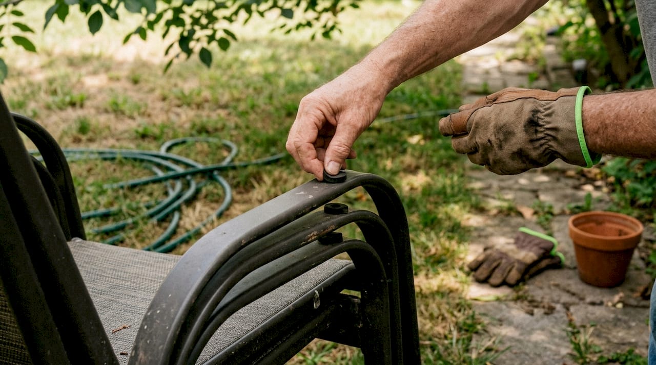Hands checking rubber spacers on chair