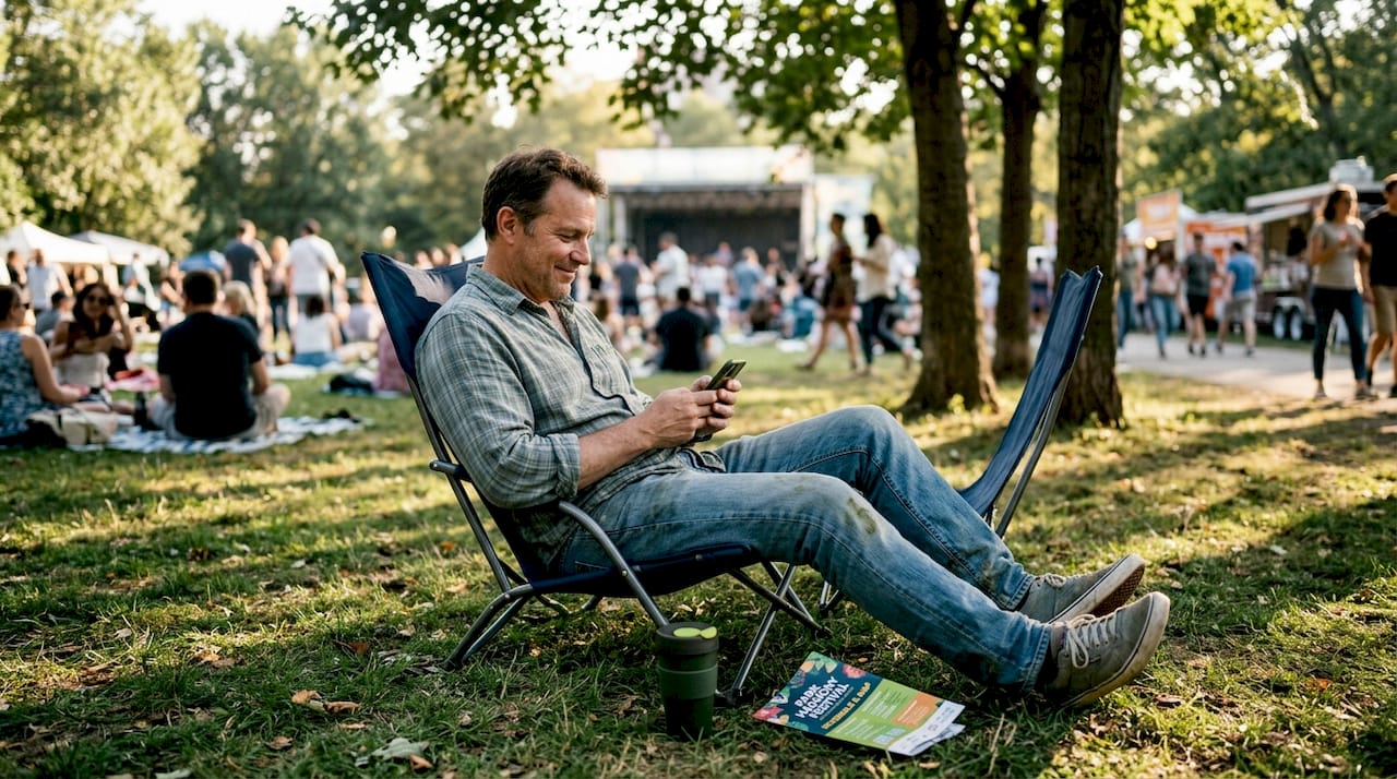 Man using sling-back chair at outdoor event
