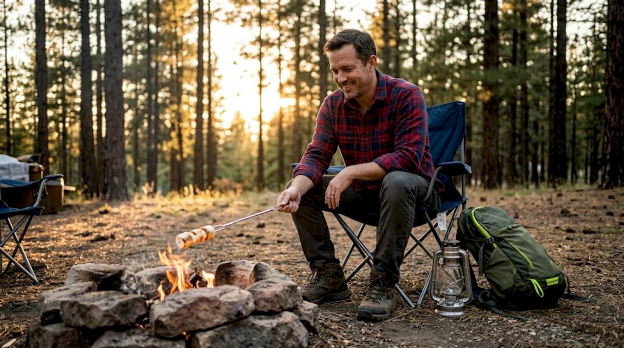 Man roasting marshmallows on standard chair at campsite