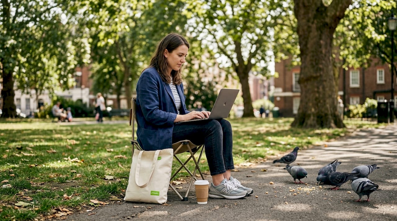 Worker on portable chair in city park at lunch