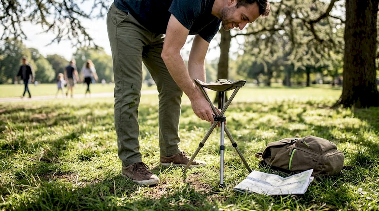Man adjusting tripod stool on soft grass