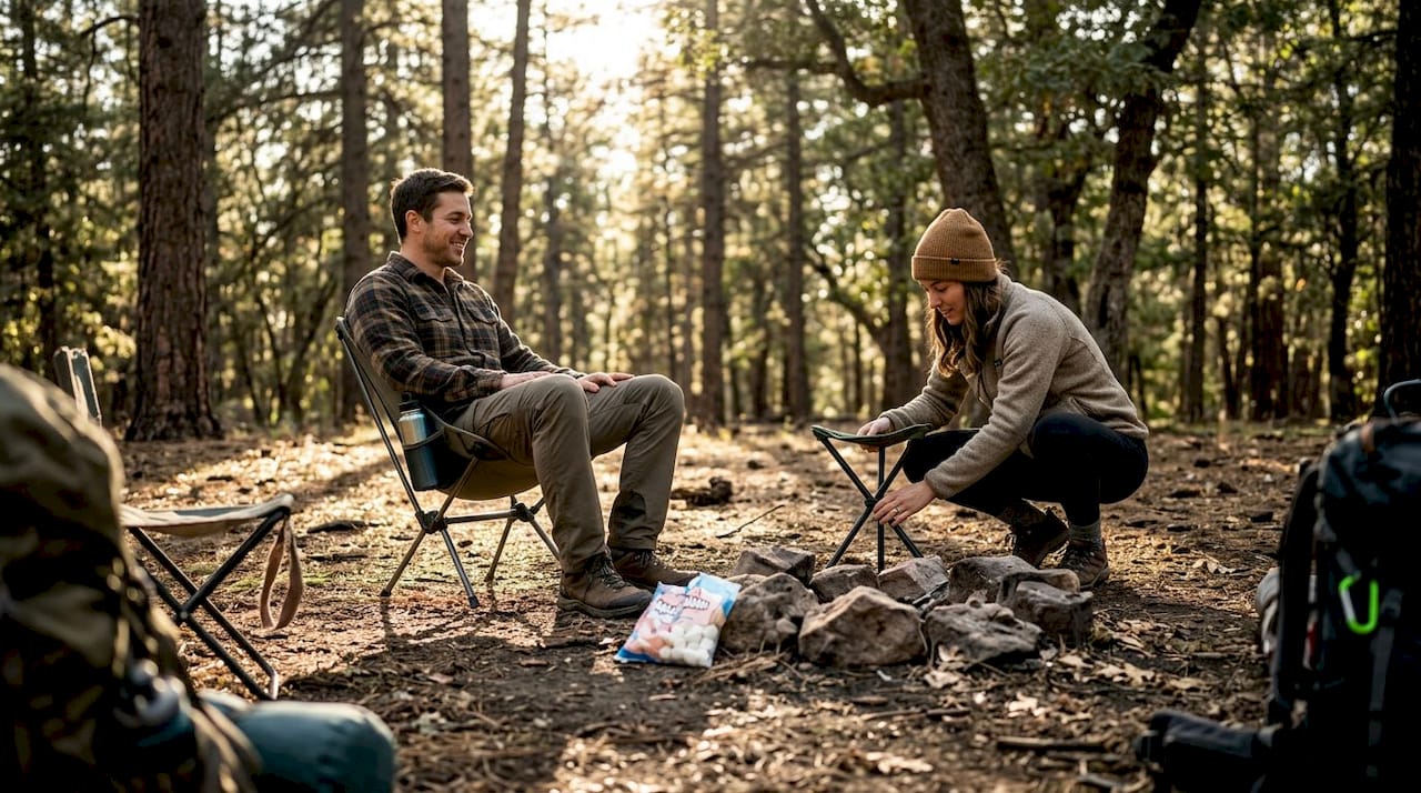 Campers testing portable camping chairs