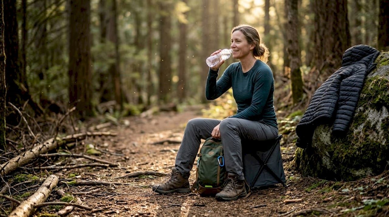 Woman resting on stool by hiking trail