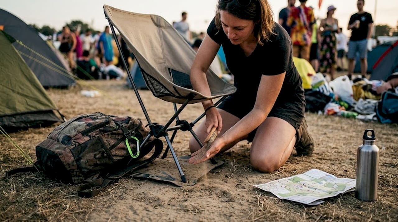 Camper fixing chair sinking into sand