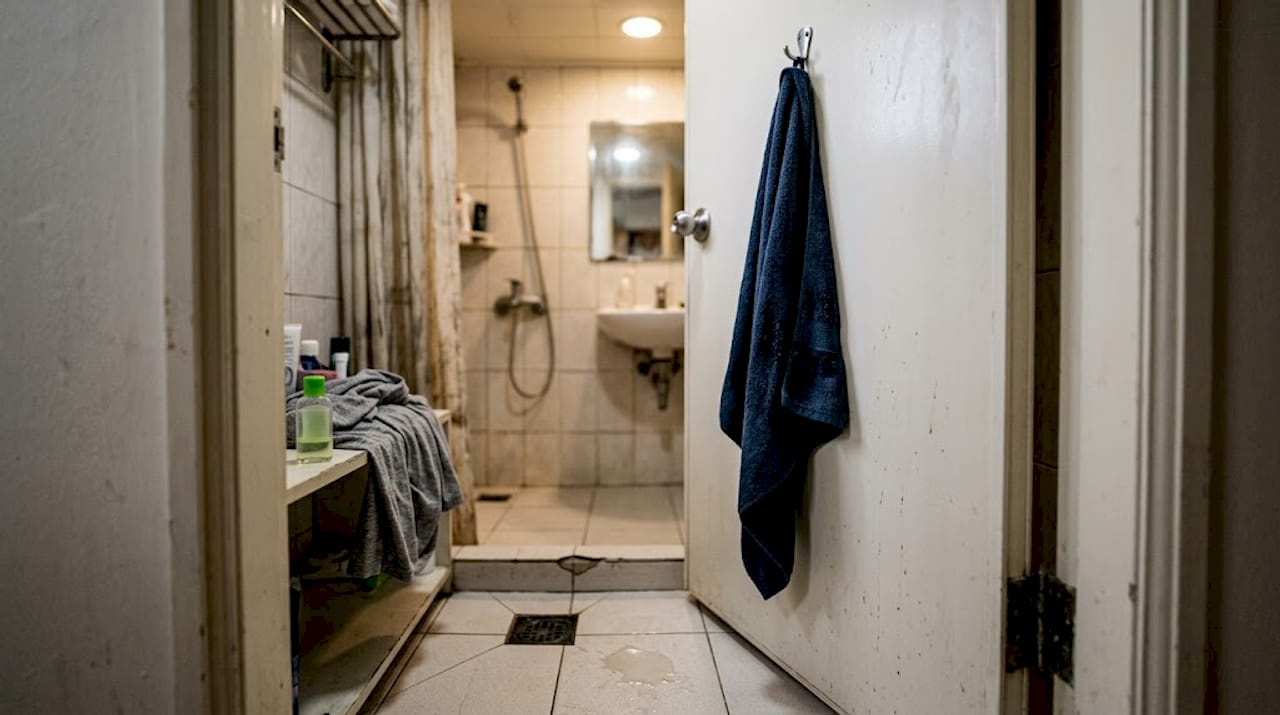 Nearly dry microfiber towel on bathroom hook