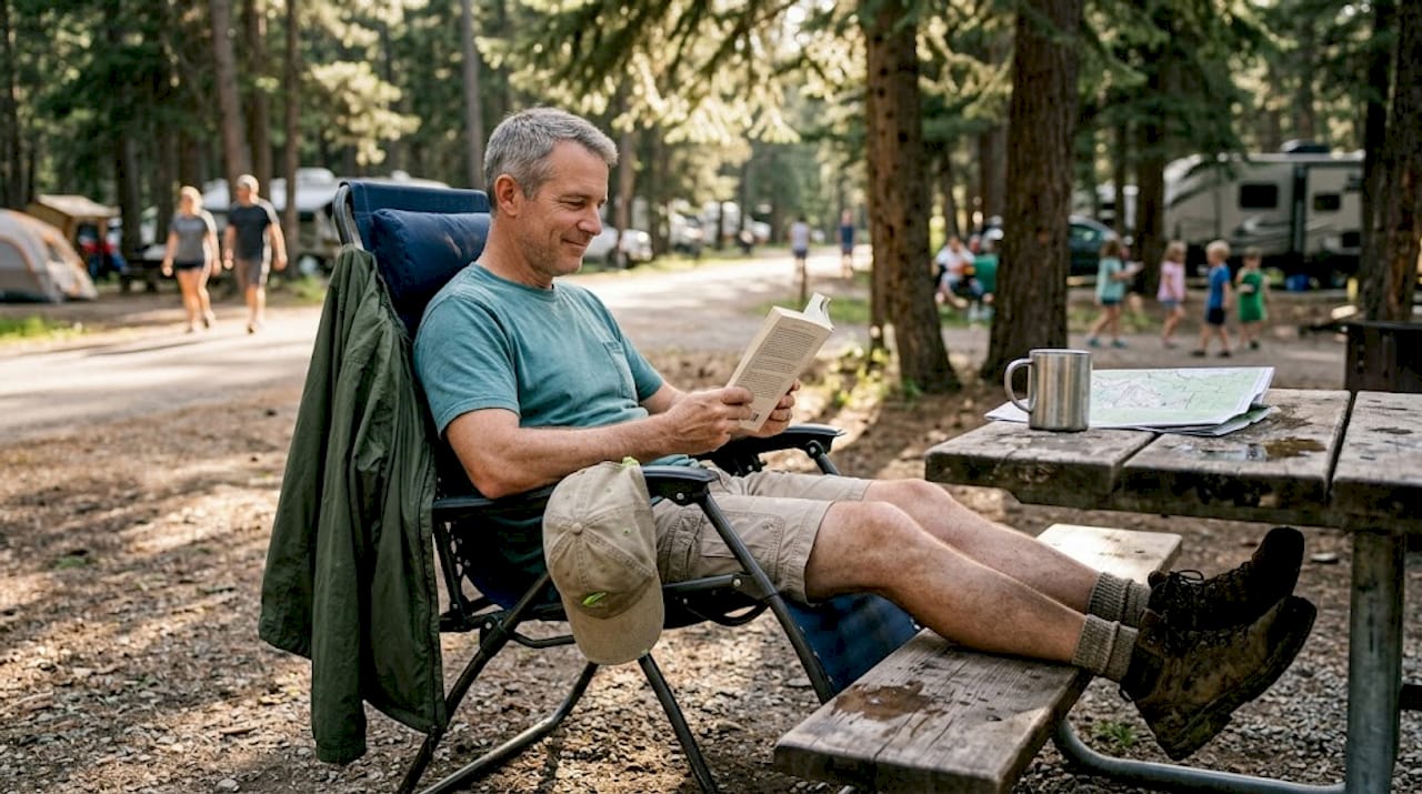 Man reading in reclining camping chair outdoors