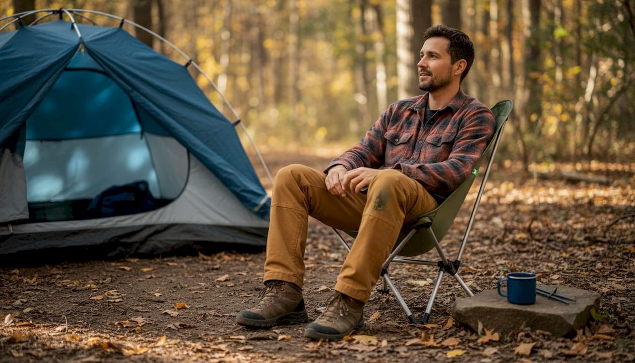 Camper assembling packable chair at campsite