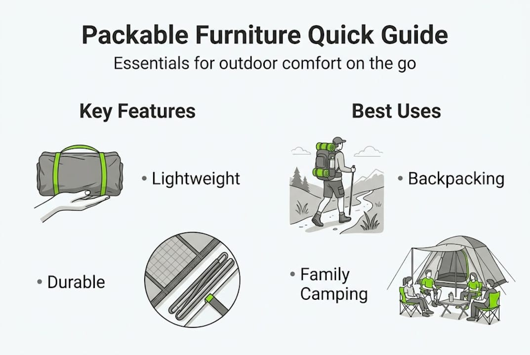 Infographic showing packable furniture essentials and uses