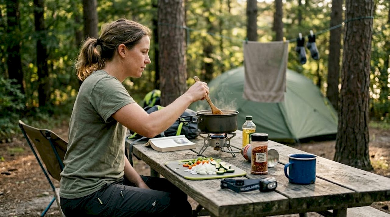 Camper prepares meal using practical cooking gear