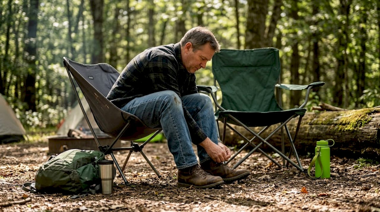 Man comparing camping chairs on campsite