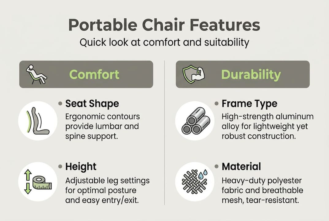 Infographic portable chair features comfort durability