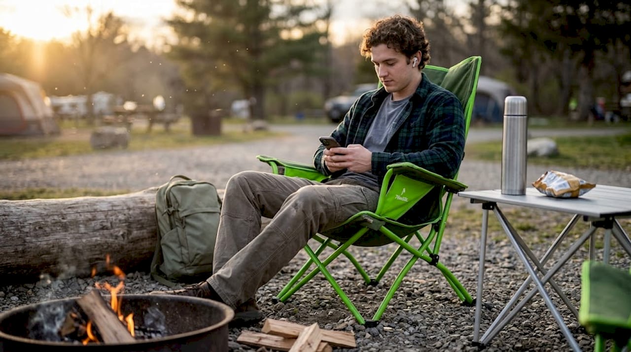 Man relaxing in ergonomic camp chair outdoors