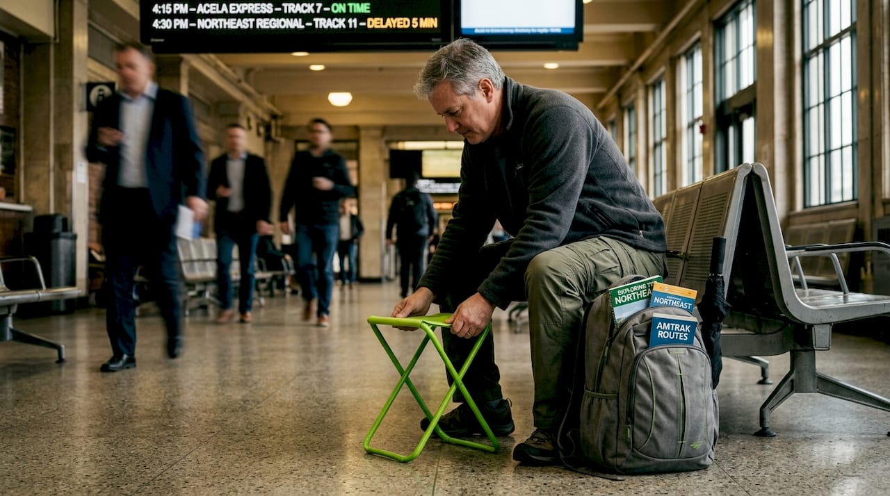 Traveler using portable chair at station