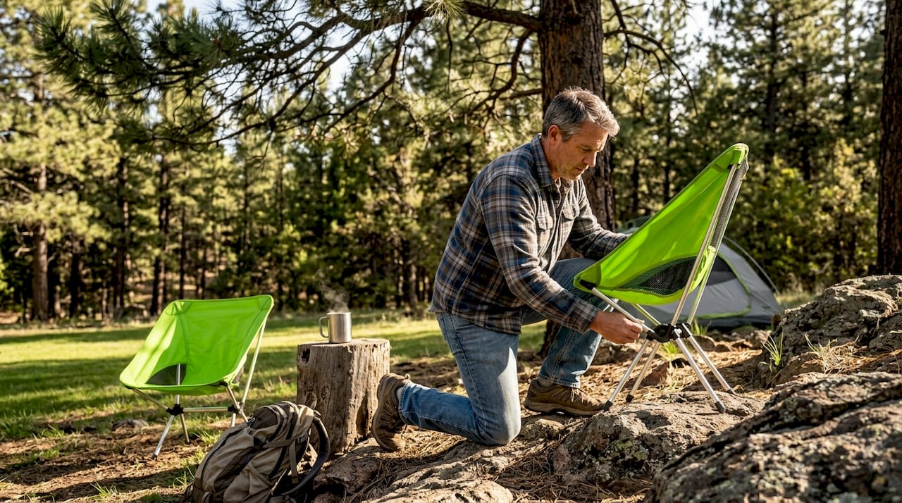 Man adjusts camp chair on uneven ground