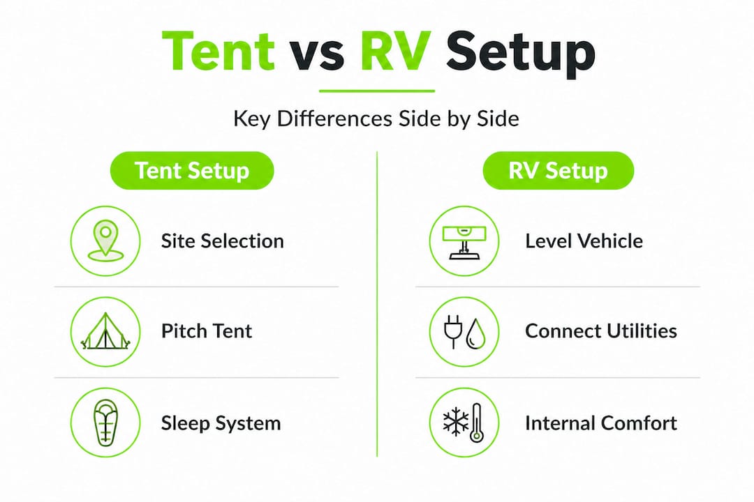 Infographic comparing tent and RV setup steps