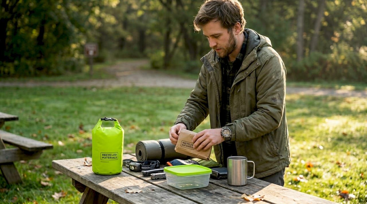 Hiker sorting sustainable camping gear selection