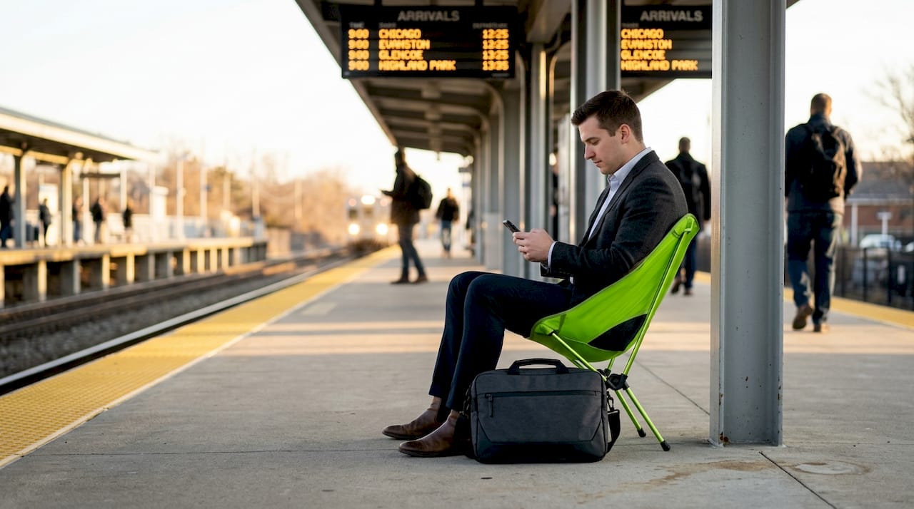 Commuter sitting on portable travel chair at train station