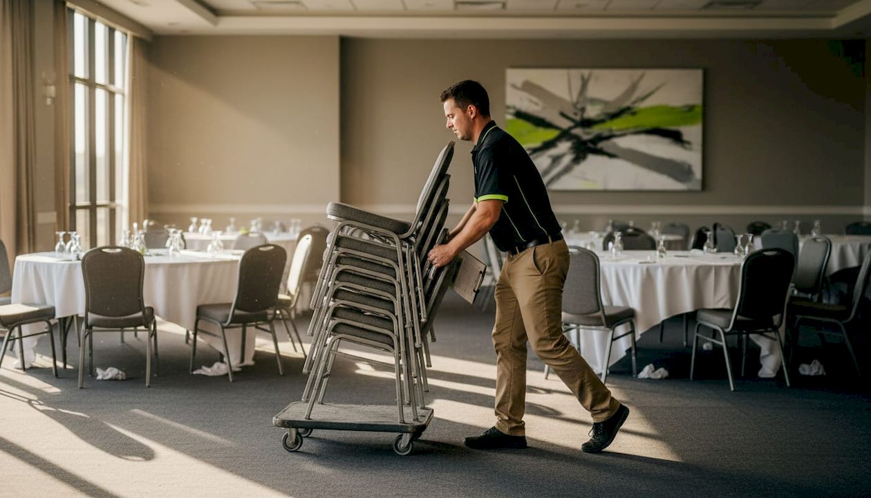 Banquet hall setup with portable chairs
