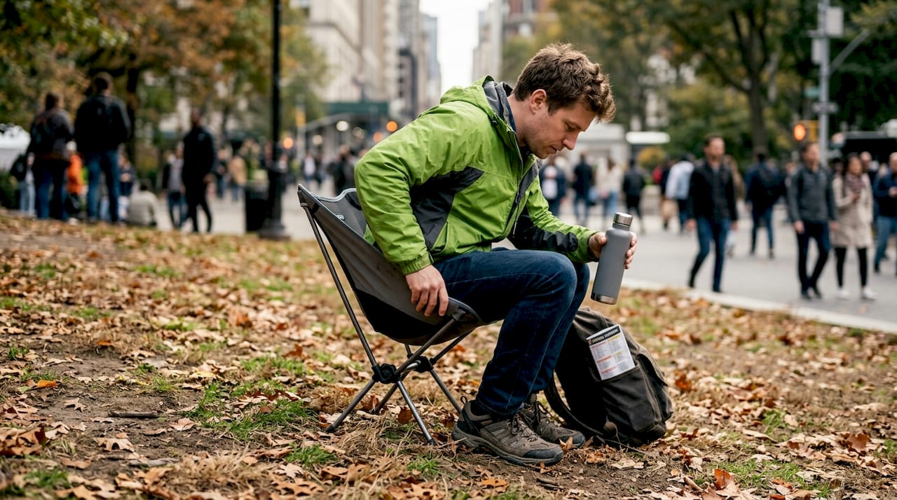 Man stability testing portable camping chair outside
