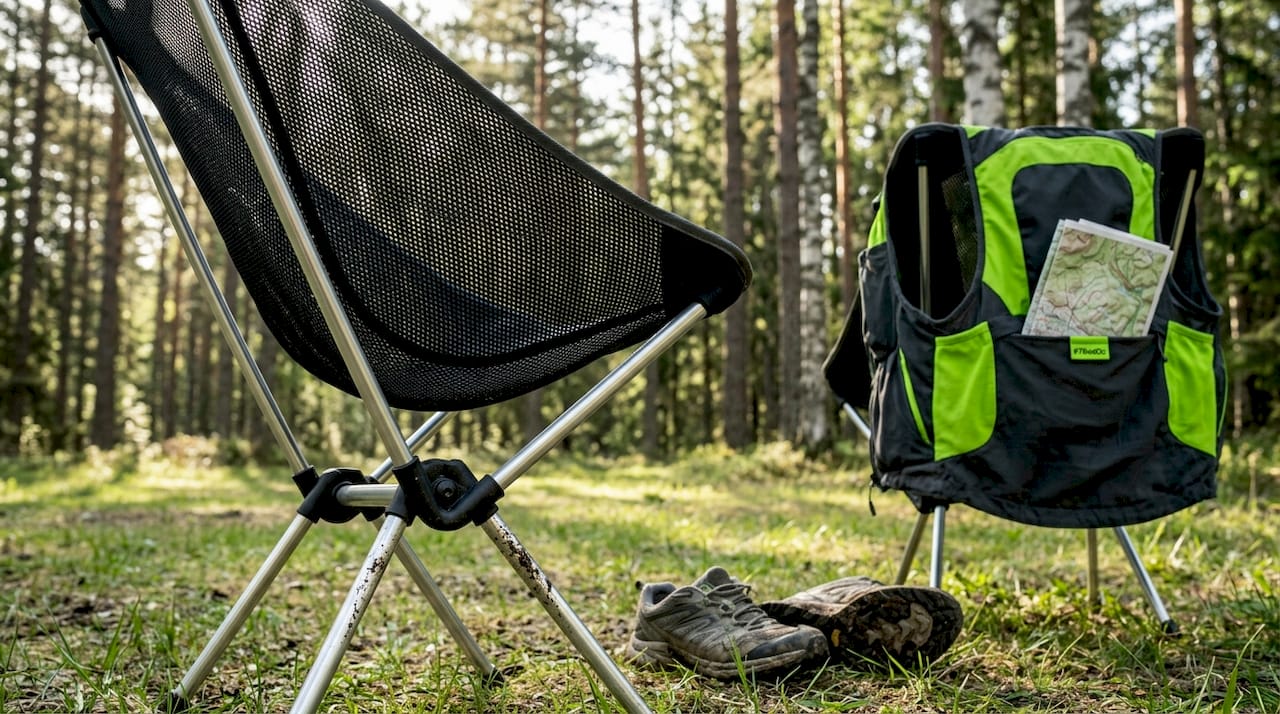 Close-up of mesh camp chair in forest