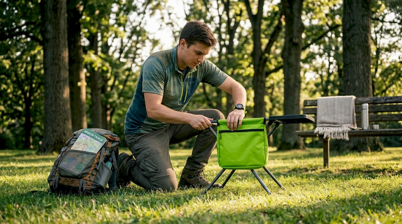 Backpacker unfolding multipurpose chair in park
