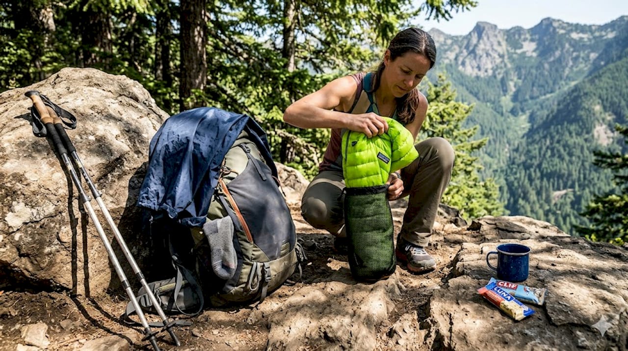 Hiker using multi-purpose gear outdoors