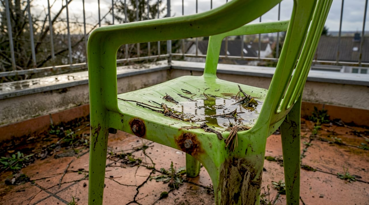 Plastic chair with trapped water after storm