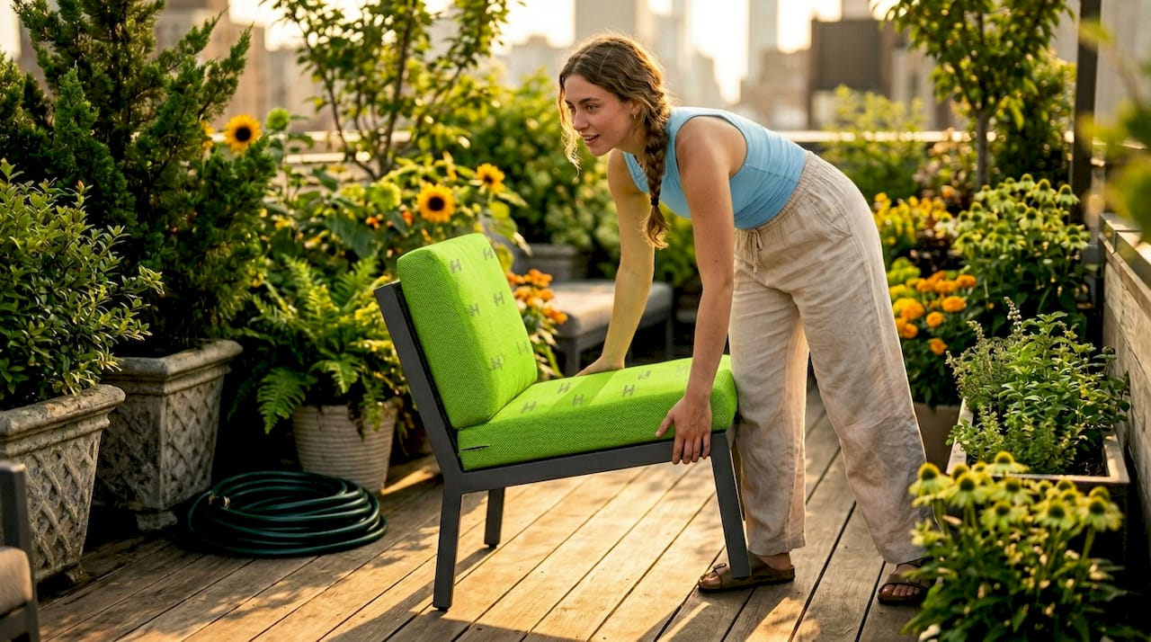 Woman moving hybrid chair on rooftop terrace