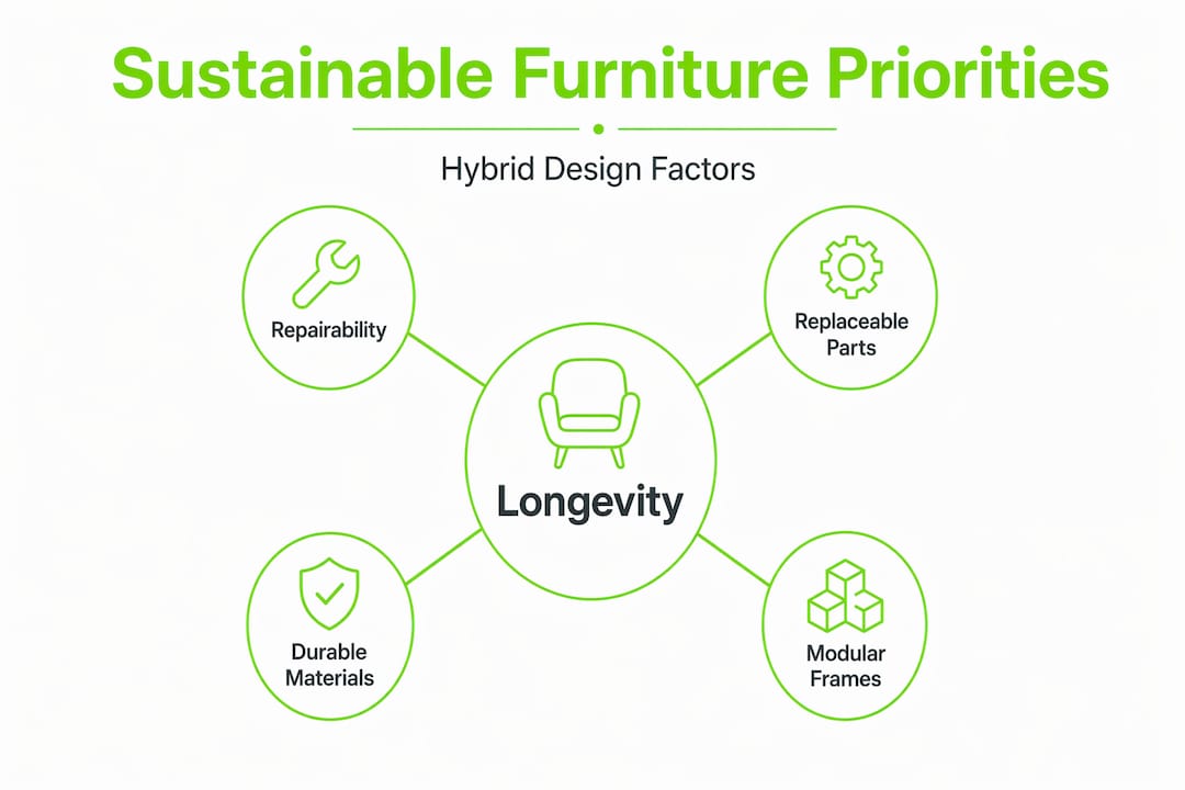 Hierarchy infographic showing key factors in sustainable hybrid furniture