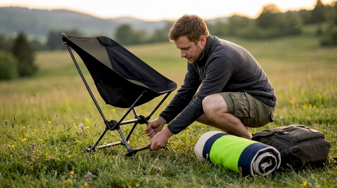 Man stabilizing camping chair on dirt