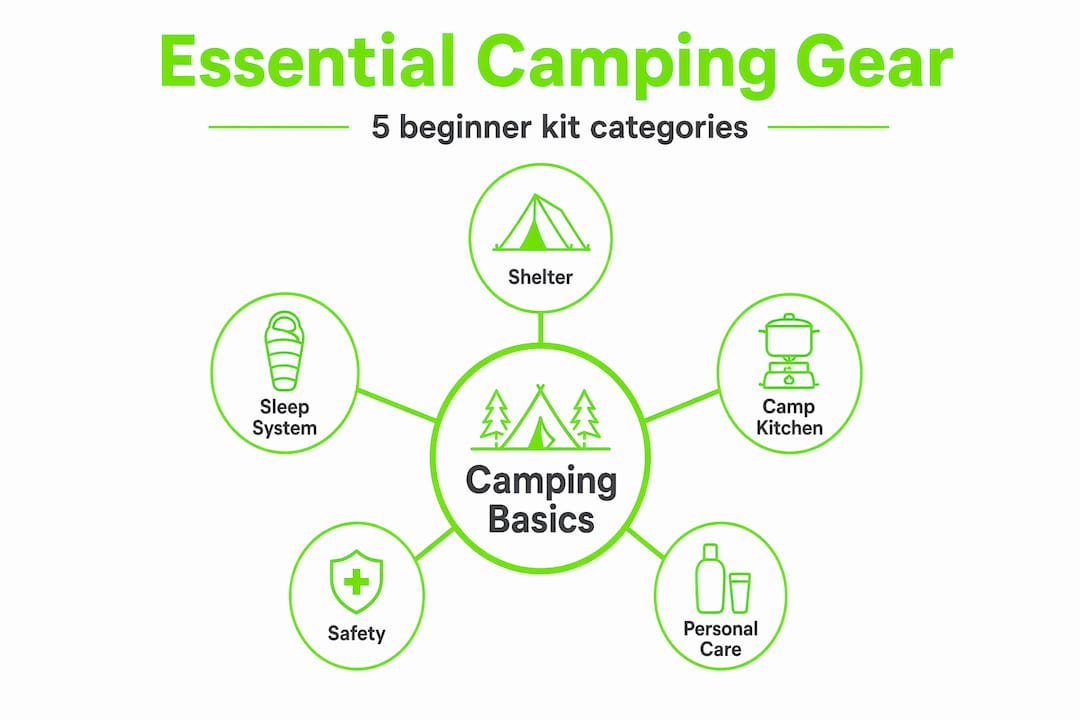 Infographic showing five categories of camping gear