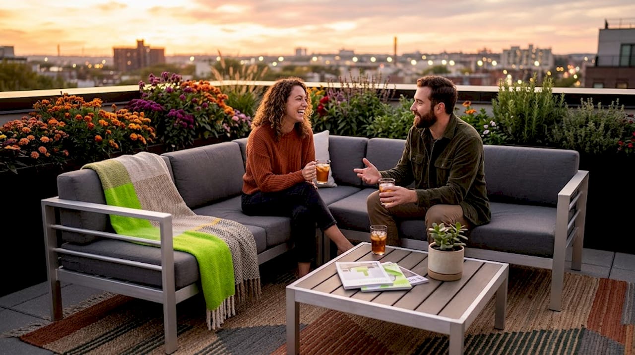 Rooftop patio with modular sofa and cityscape
