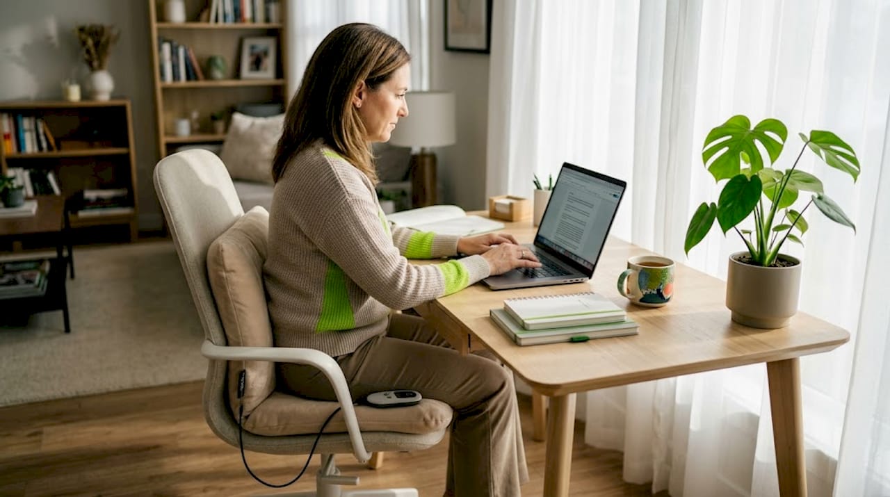 Remote worker uses heated seat pad in home office