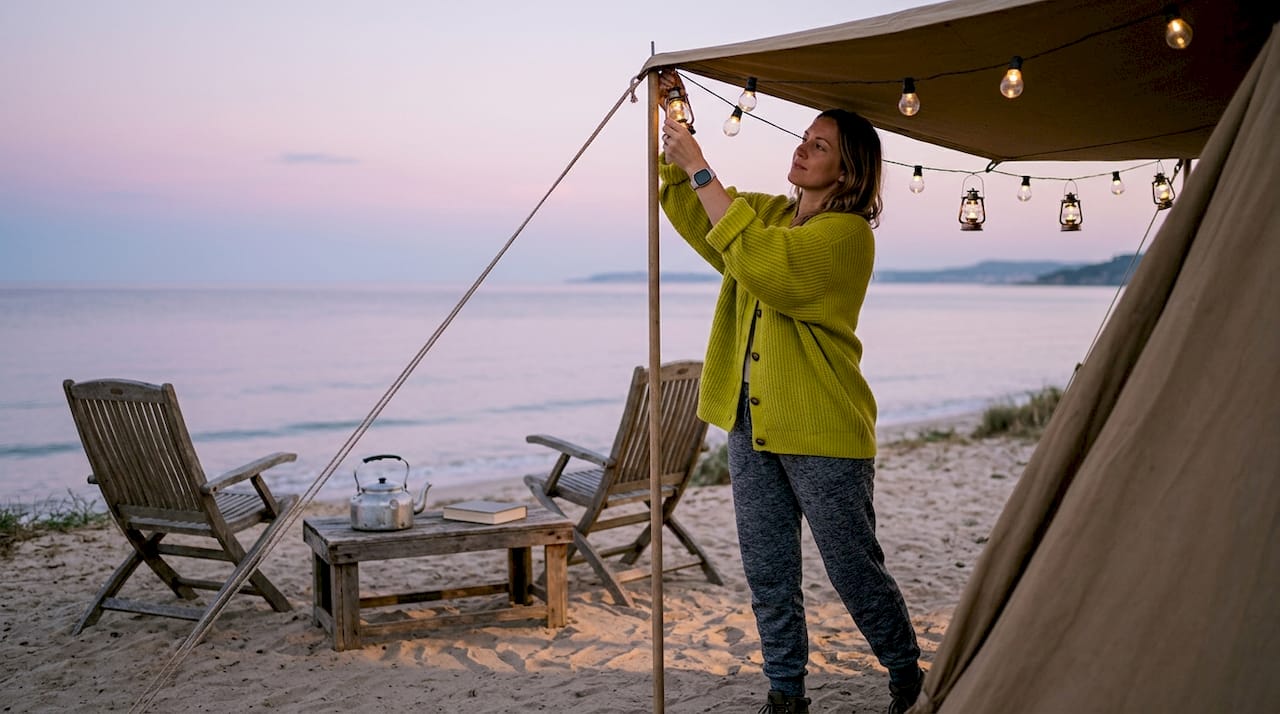 Woman setting up lanterns at forest campsite