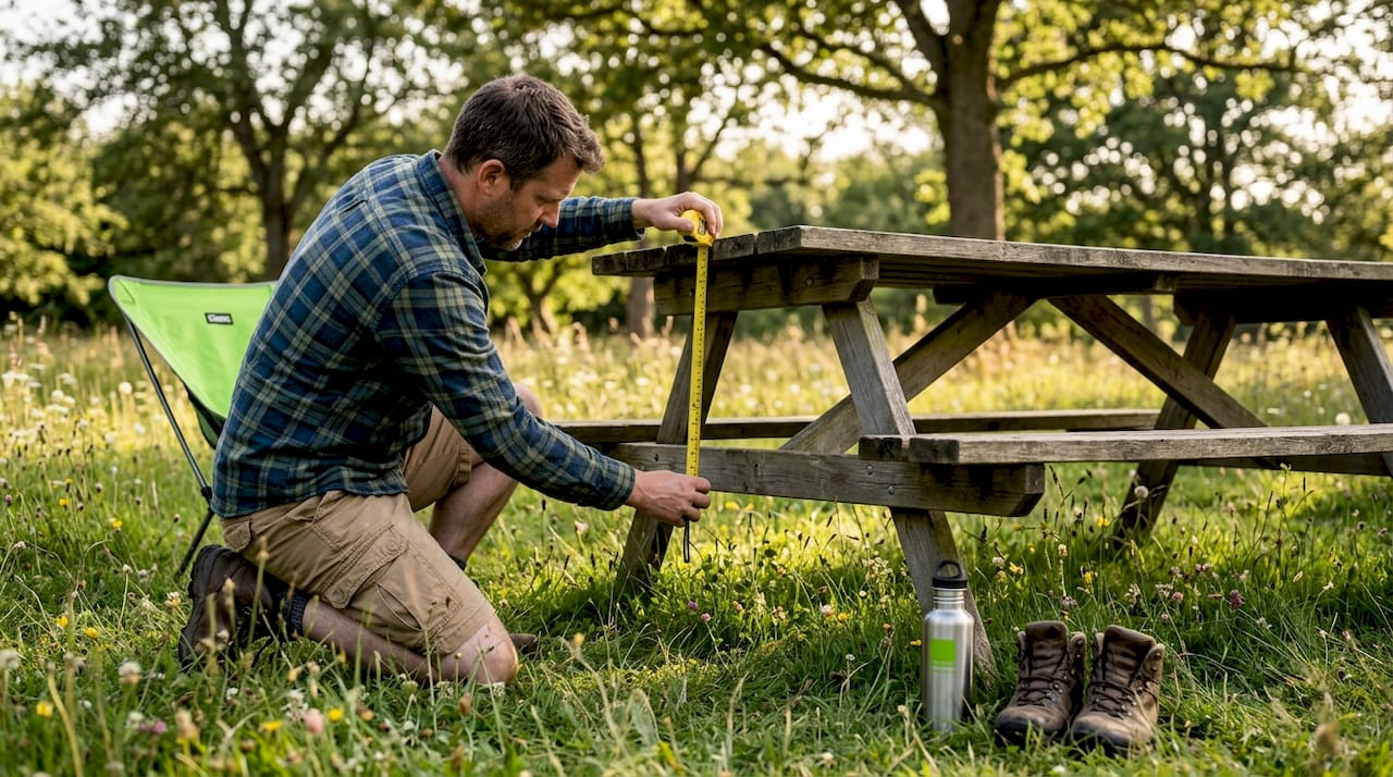 Measuring seat height at campsite table outdoors