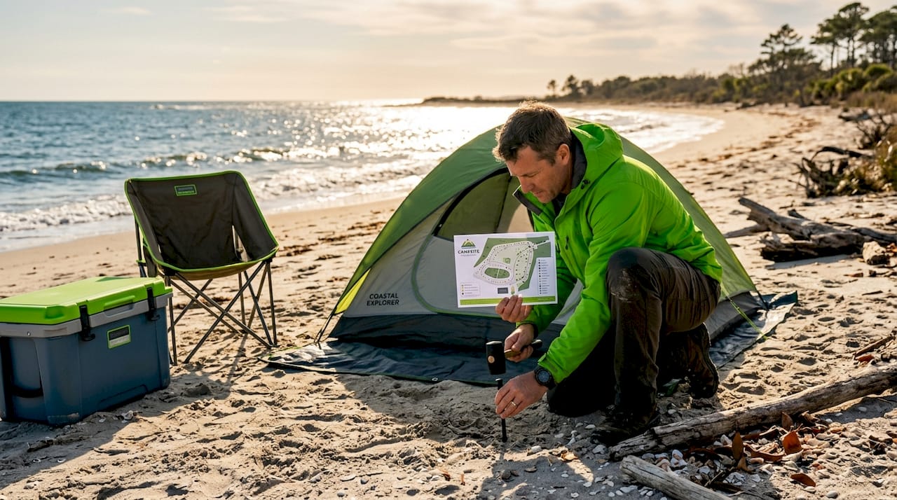 Man setting up responsible forest campsite