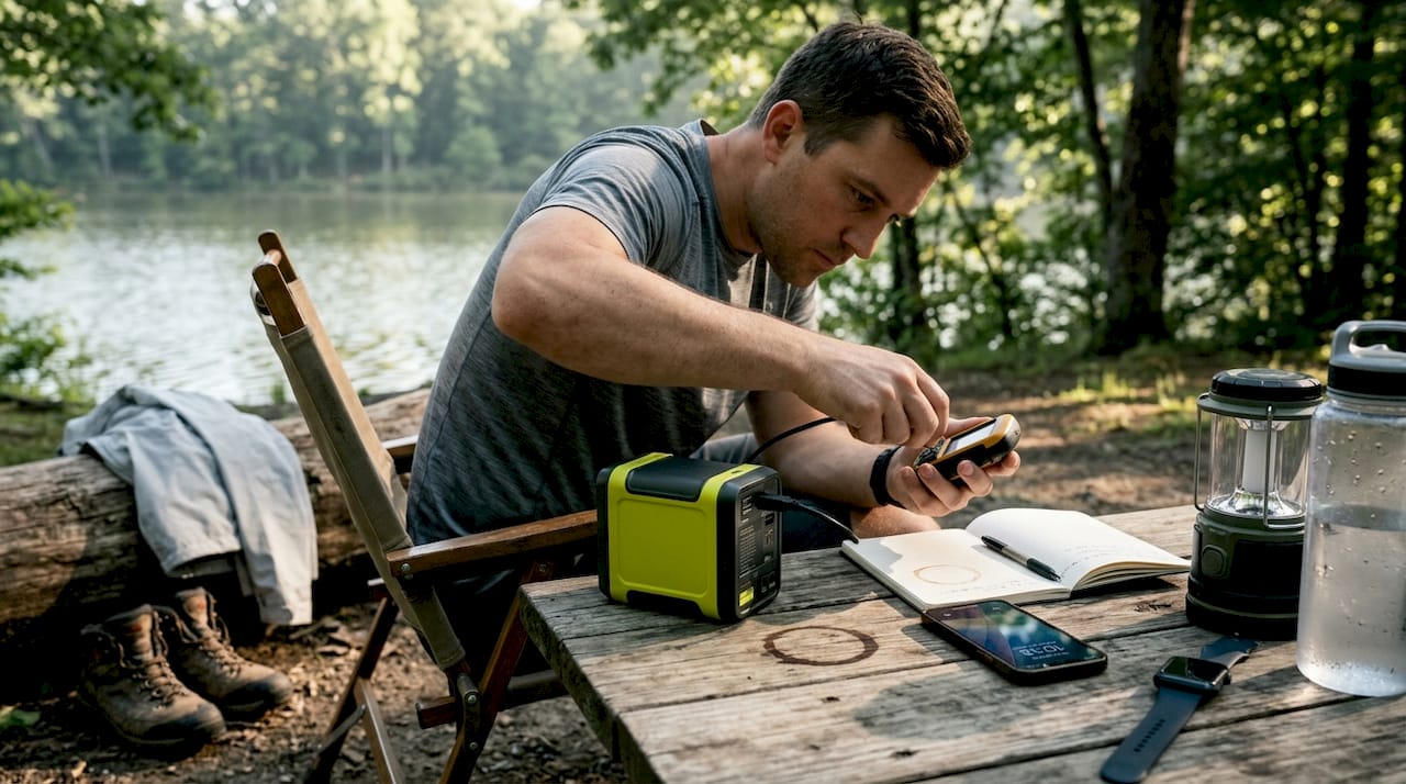 Camper connects power station for devices