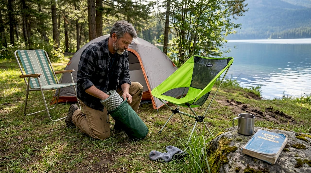 Camper organizing modern and classic outdoor gear