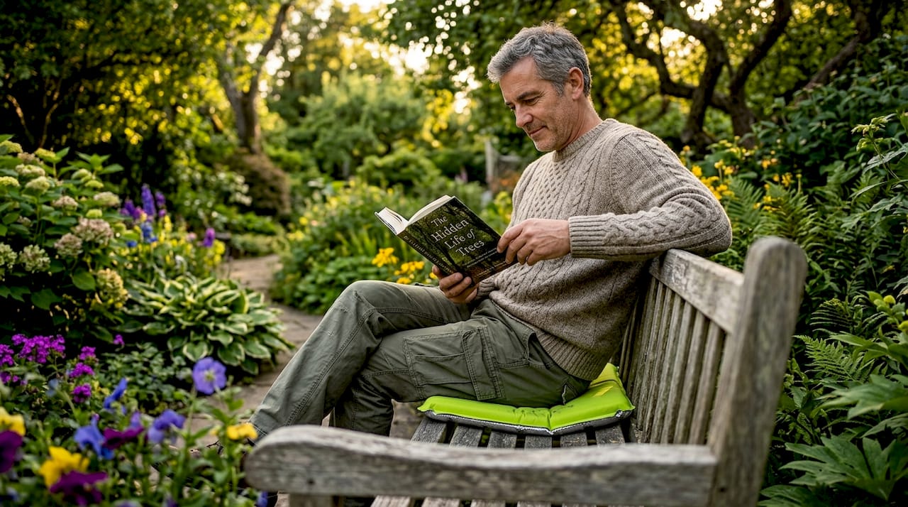 Compressed seat cushion under park bench user