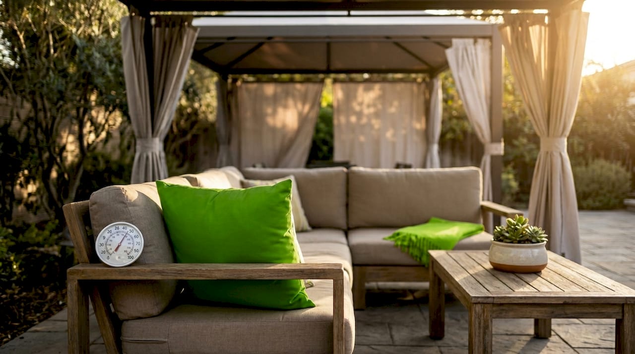 Outdoor sectional under adjustable pergola shade