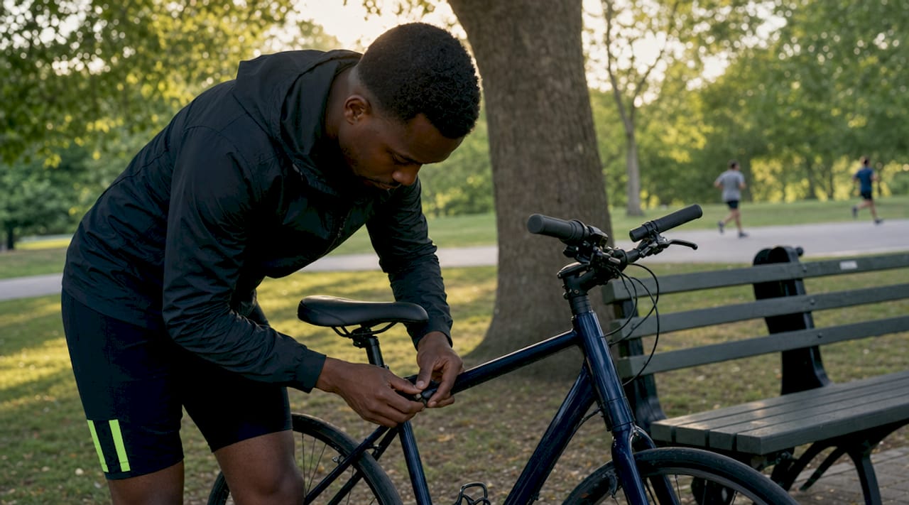 Man adjusting bike saddle outdoors