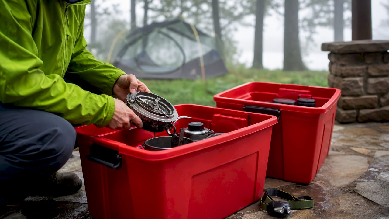 Hands packing camping gear into clear storage totes