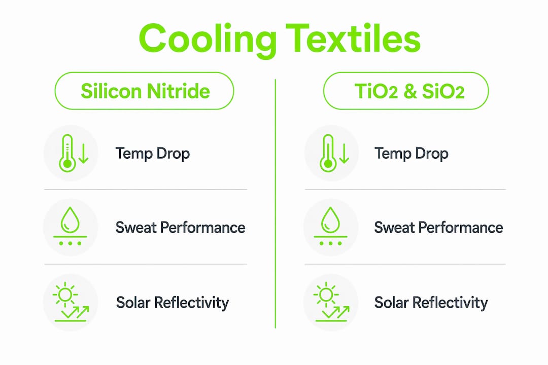 Infographic comparing silicon nitride and TiO2 SiO2 cooling textiles