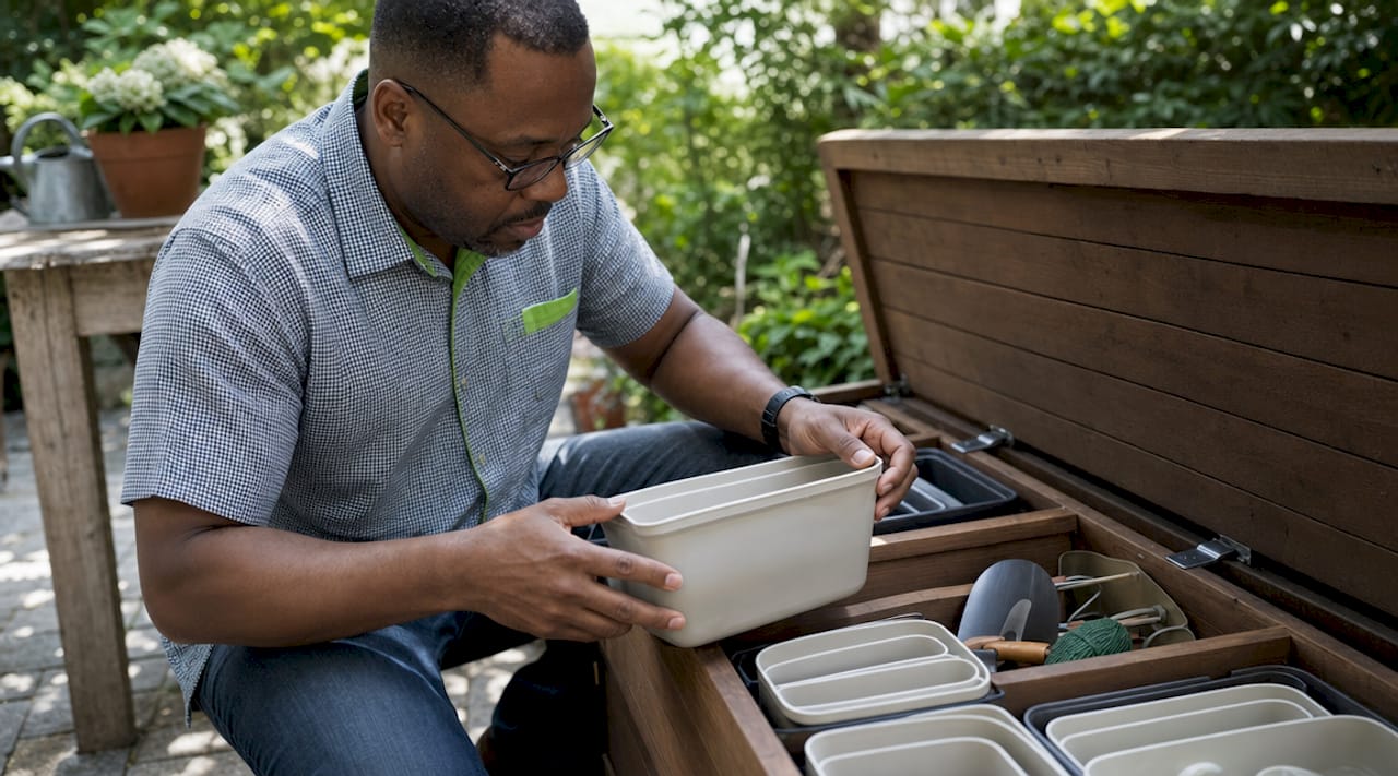 Man organizing storage in tiny portable home
