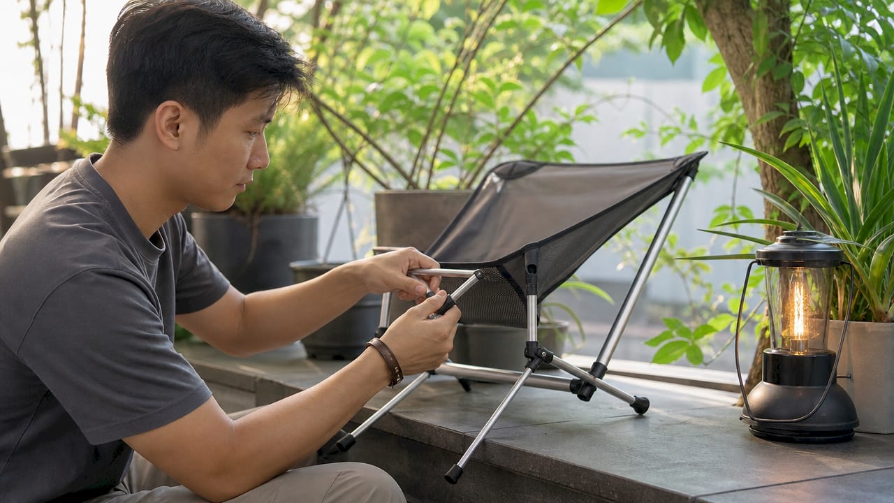 Hands assembling lightweight portable seat