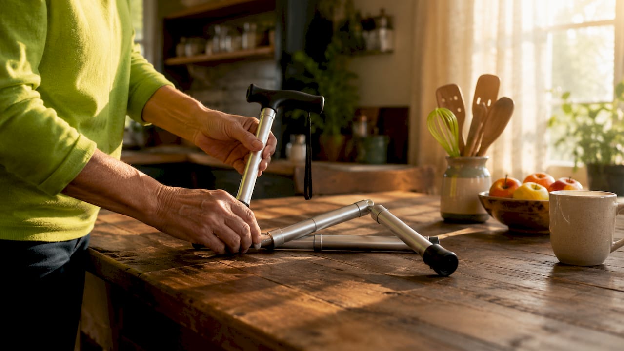Hands assembling foldable ergonomic walking cane