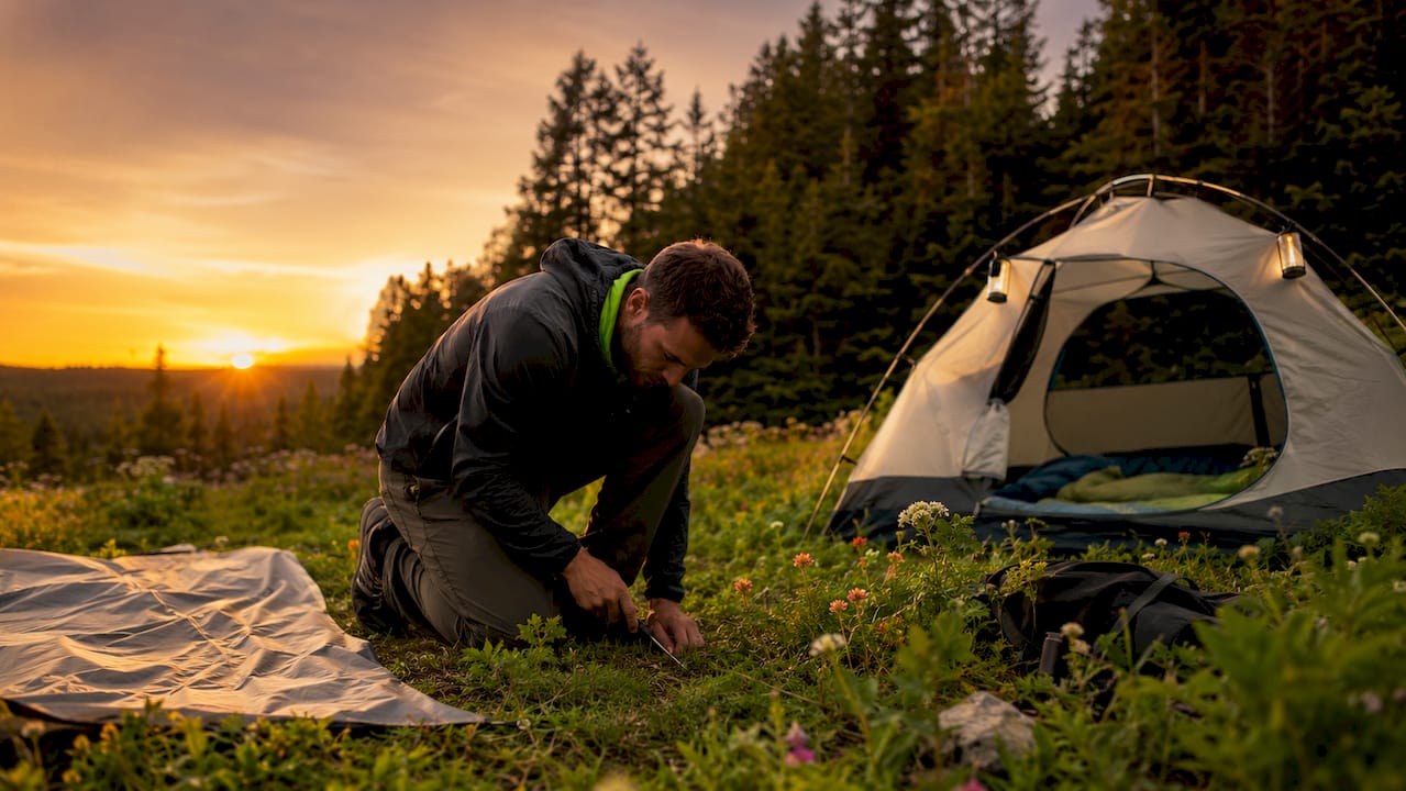 Man setting impact-minimized campsite outdoors