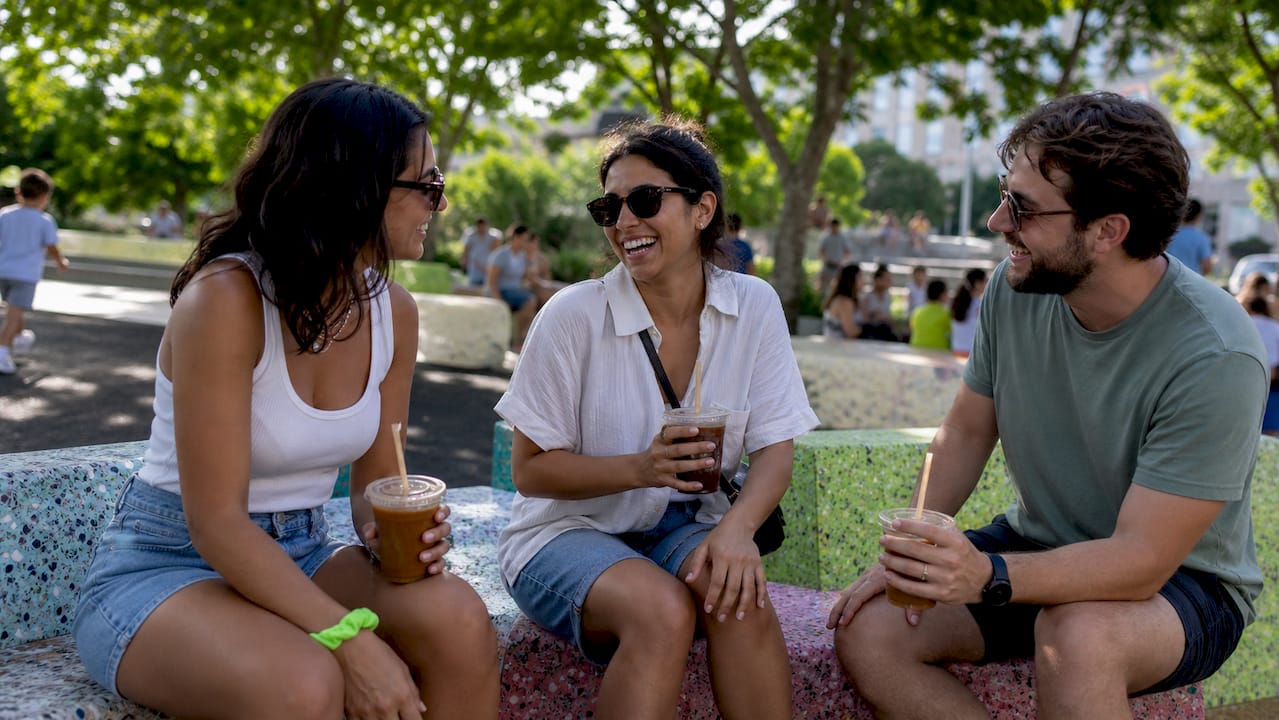 Modular city street seating with people chatting
